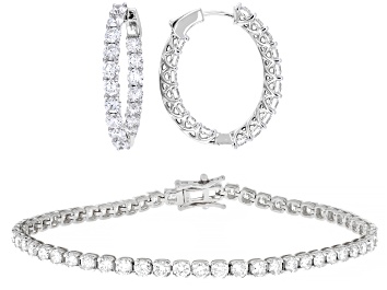 Picture of White Lab-Grown Diamond Rhodium Over Silver Stud & Hoop Earring & Bracelet Jewelry Set 11.50ctw