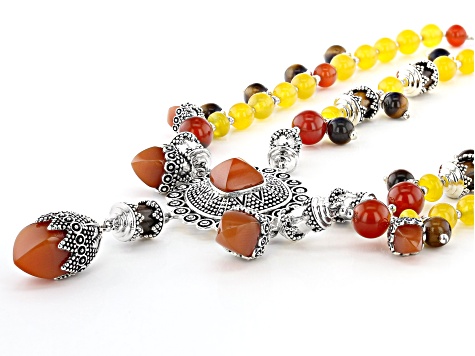 Red Onyx Rhodium Over Silver Bead Necklace