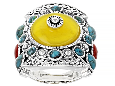 Global Destinations™ Yellow Onyx, Red Sponge Coral and Turquoise  Sterling Silver Ring