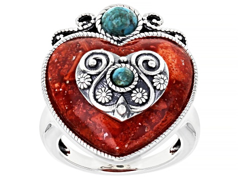 Red Sponge Coral Sterling Silver Heart Ring