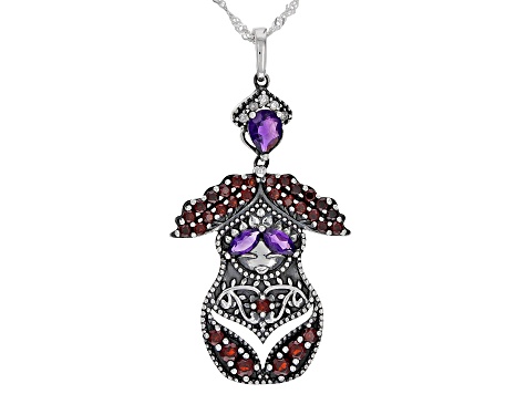 Amethyst, Zircon, & Garnet Nesting Doll Rhodium Over Silver Pendant W/ 18" Chain 2.51ctw