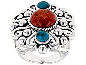 Red Sponge Coral And Turquoise Sterling Silver Over Brass Ring