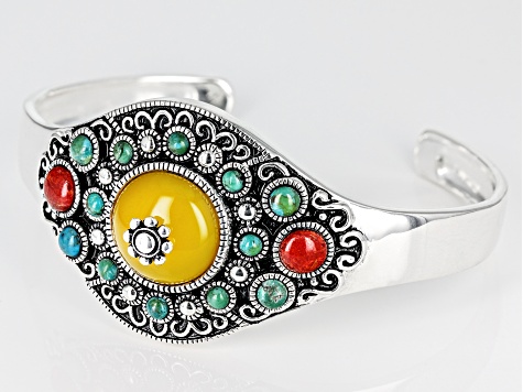 Yellow Onyx, Red Sponge Coral and Turquoise Silver Tone Bangle