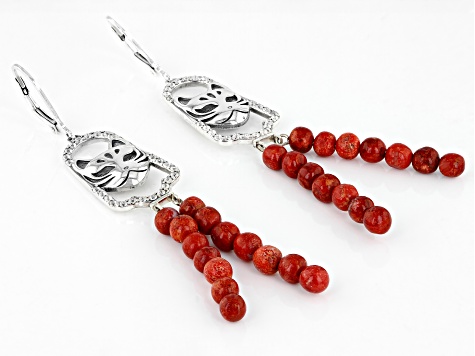 Red Sponge Coral With White Zircon Sterling Silver Cat Earrings 0.85ctw