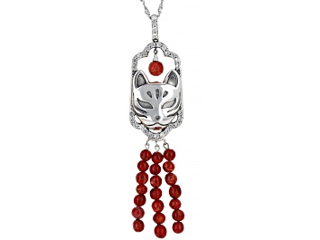 Picture of Red Sponge Coral With White Zircon Sterling Silver Cat Pendant With Chain 0.93ctw