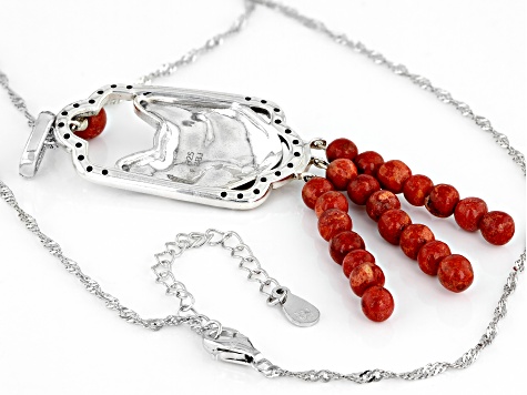 Red Sponge Coral With White Zircon Sterling Silver Cat Pendant With Chain 0.93ctw