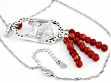 Red Sponge Coral With White Zircon Sterling Silver Cat Pendant With Chain 0.93ctw