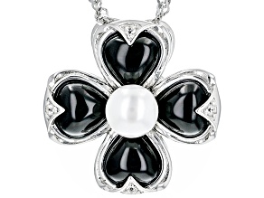 Black Onyx With White Cultured Freshwater Pearl and White Zircon Rhodium Over Silver Pendant
