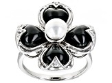 Black Onyx With White Cultured Freshwater Pearl and Zircon Rhodium Over Sterling Silver Ring