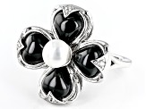 Black Onyx With White Cultured Freshwater Pearl and Zircon Rhodium Over Sterling Silver Ring