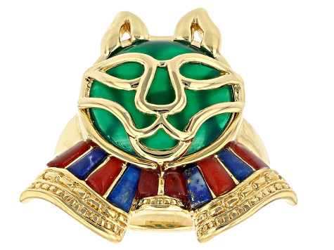 Green Onyx, Carnelian & Lapis Lazuli 18k Yellow Gold Over Brass Cat Ring