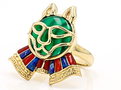 Green Onyx, Carnelian & Lapis Lazuli 18k Yellow Gold Over Brass Cat Ring