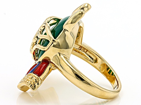 Green Onyx, Carnelian & Lapis Lazuli 18k Yellow Gold Over Brass Cat Ring