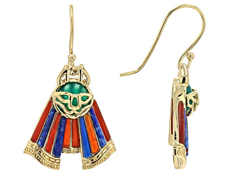 Green Onyx, Carnelian & Lapis Lazuli 18k Yellow Gold Over Brass Earrings