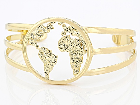 18k Yellow Gold Over Brass World Map Cuff Bracelet