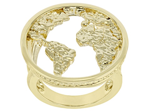 18K Yellow Gold Over Brass World Map Ring