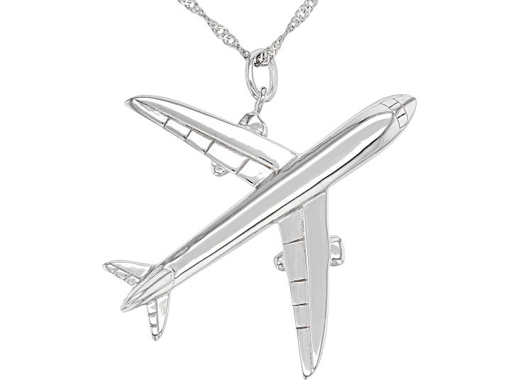 Rhodium Over Sterling Silver Airplane Pendant With Chain - TVL173