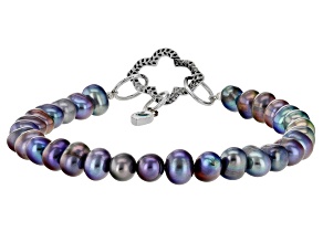 Multi-Color Cultured Freshwater Pearl and Enamel Evil Eye and Sterling Silver Bracelet