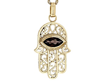 Picture of Brown Smoky Quartz 18k Yellow Gold Over Silver Hamsa Hand Pendant With Chain 1.41ct
