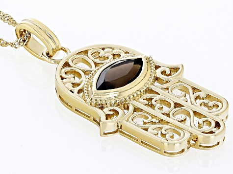 Brown Smoky Quartz 18k Yellow Gold Over Silver Hamsa Hand Pendant With Chain 1.41ct