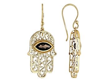 Picture of Brown Smoky Quartz 18k Yellow Gold Over Silver Hamsa Hand Earrings 1.72ctw