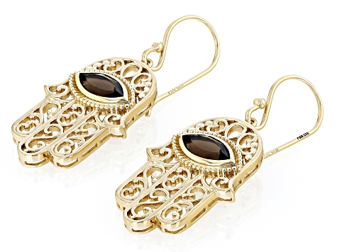 Brown Smoky Quartz 18k Yellow Gold Over Silver Hamsa Hand Earrings 1.72ctw