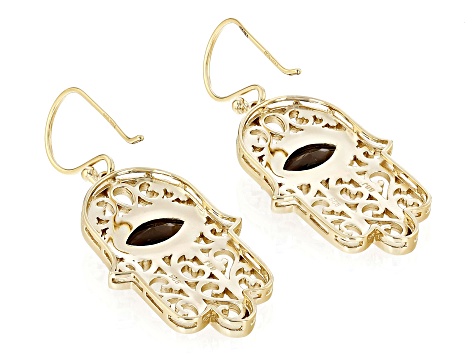 Brown Smoky Quartz 18k Yellow Gold Over Silver Hamsa Hand Earrings 1.72ctw