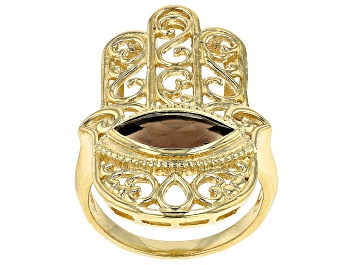 Picture of Brown Smoky Quartz 18k Yellow Gold Over Silver Hamsa Hand Ring 1.41ct