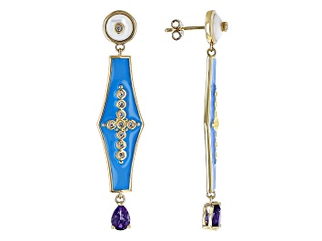 Picture of Amethyst, Mother-Of-Pearl And White Zircon 18K Yellow Gold Over Brass Earrings 1.79ctw