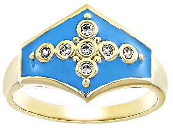 Picture of White Zircon and Blue Enamel 18K Yellow Gold Over Brass Ring 0.14ctw