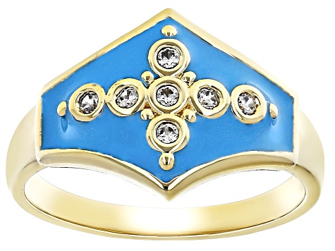 White Zircon and Blue Enamel 18K Yellow Gold Over Brass Ring 0.14ctw
