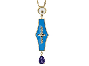 Picture of Multi Gemstone with Blue Enamel 18k Yellow Gold Over Brass Pendant With Chain