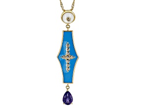 Multi Gemstone with Blue Enamel 18k Yellow Gold Over Brass Pendant With Chain