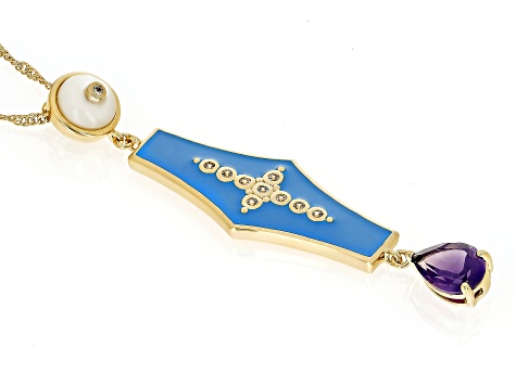 Multi Gemstone with Blue Enamel 18k Yellow Gold Over Brass Pendant With Chain