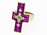 Purple Enamel, Chrome Diopside & White Zircon With 18K Yellow Gold Over Brass Ring