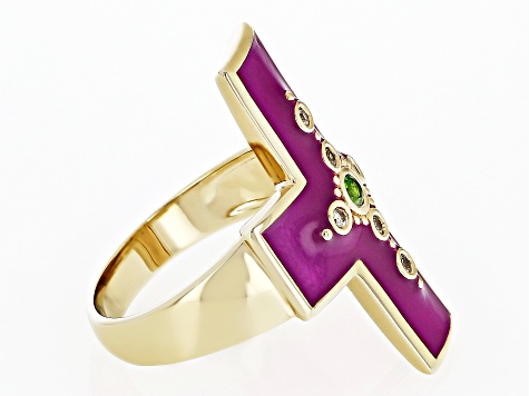 Purple Enamel, Chrome Diopside & White Zircon With 18K Yellow Gold Over Brass Ring