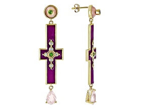 Rose Quartz, Zircon, Chrome, Enamel 18K Yellow Gold Over Brass Dangle Earrings