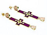 Rose Quartz, Zircon, Chrome, Enamel 18K Yellow Gold Over Brass Dangle Earrings