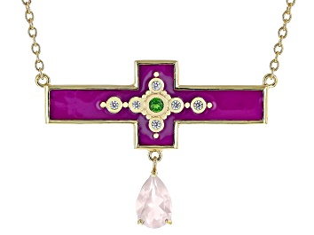 Picture of Rose Quartz, White Zircon, Chrome Diopside , Enamel 18K Yellow Gold Over Brass Necklace 1.20ctw