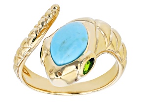 Blue Turquoise and Chrome Diopside 18k Yellow Gold Over Sterling Silver Snake Ring .32ctw