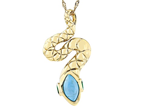 Blue Turquoise and Chrome Diopside 18k Yellow Gold Over Sterling Silver Snake Pendant