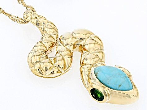 Blue Turquoise and Chrome Diopside 18k Yellow Gold Over Sterling Silver Snake Pendant