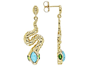 Picture of Blue Turquoise and Chrome Diopside 18k Yellow Gold Over Sterling Silver Snake Earrings 0.65ctw