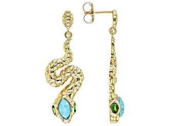 Blue Turquoise and Chrome Diopside 18k Yellow Gold Over Sterling Silver Snake Earrings 0.65ctw