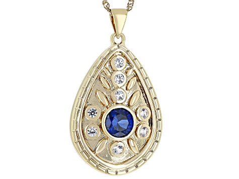 Blue Lab Sapphire & White Lab Sapphire 18k Yellow Gold Over Brass Pendant with Chain 2.83ctw