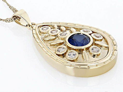 Blue Lab Sapphire & White Lab Sapphire 18k Yellow Gold Over Brass Pendant with Chain 2.83ctw