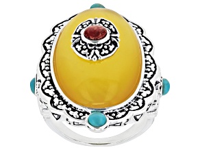 Yellow Onyx & Turquoise with Red Sponge Coral Rhodium Over Brass Ring