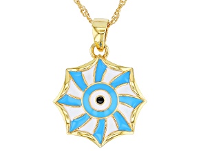 Blue & White Enamel 18k Yellow Gold Over Silver Pendant With Chain