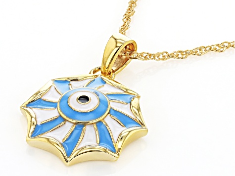 Blue & White Enamel 18k Yellow Gold Over Silver Pendant With Chain