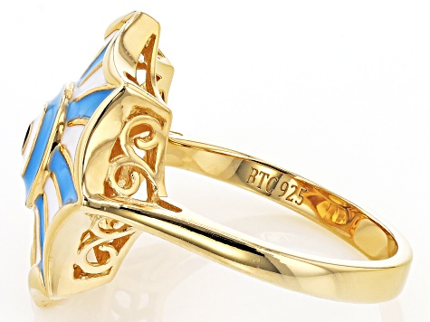 Blue & White Enamel 18k Yellow Gold Over Silver Ring